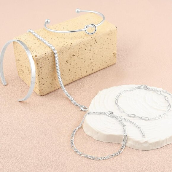 Silver-B Plated Bangle Cuff Non Tarnish Trendy Stack Bracelets for Women - Picture 6 of 6